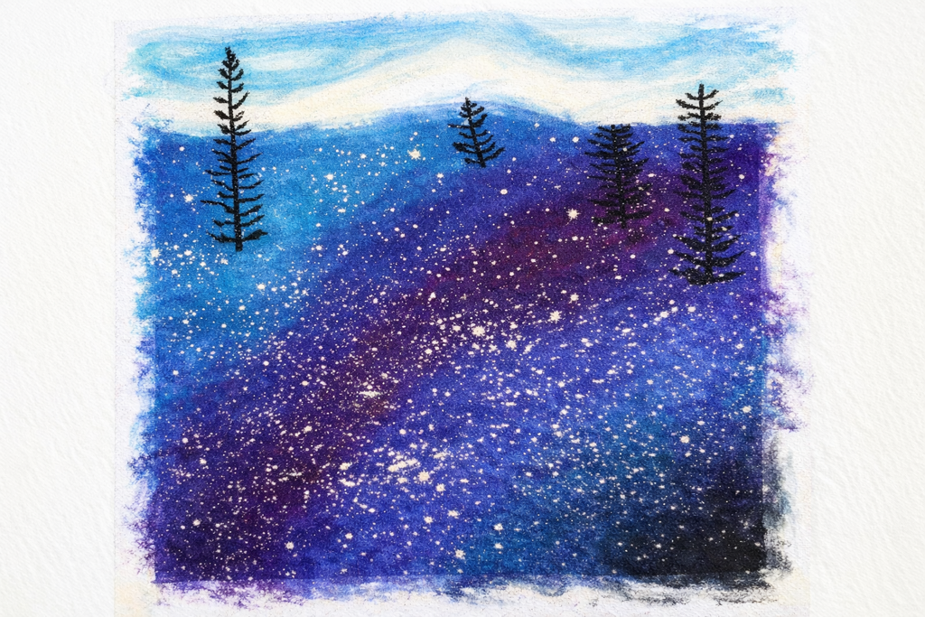 An Image of a young artist's work during one of our early mix media lessons.  